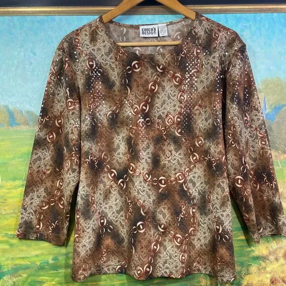 Vintage Chicos Blouse Size 3 Large Chicos BlouseShimmer Rusty Brown Red Cream - Picture 4 of 16